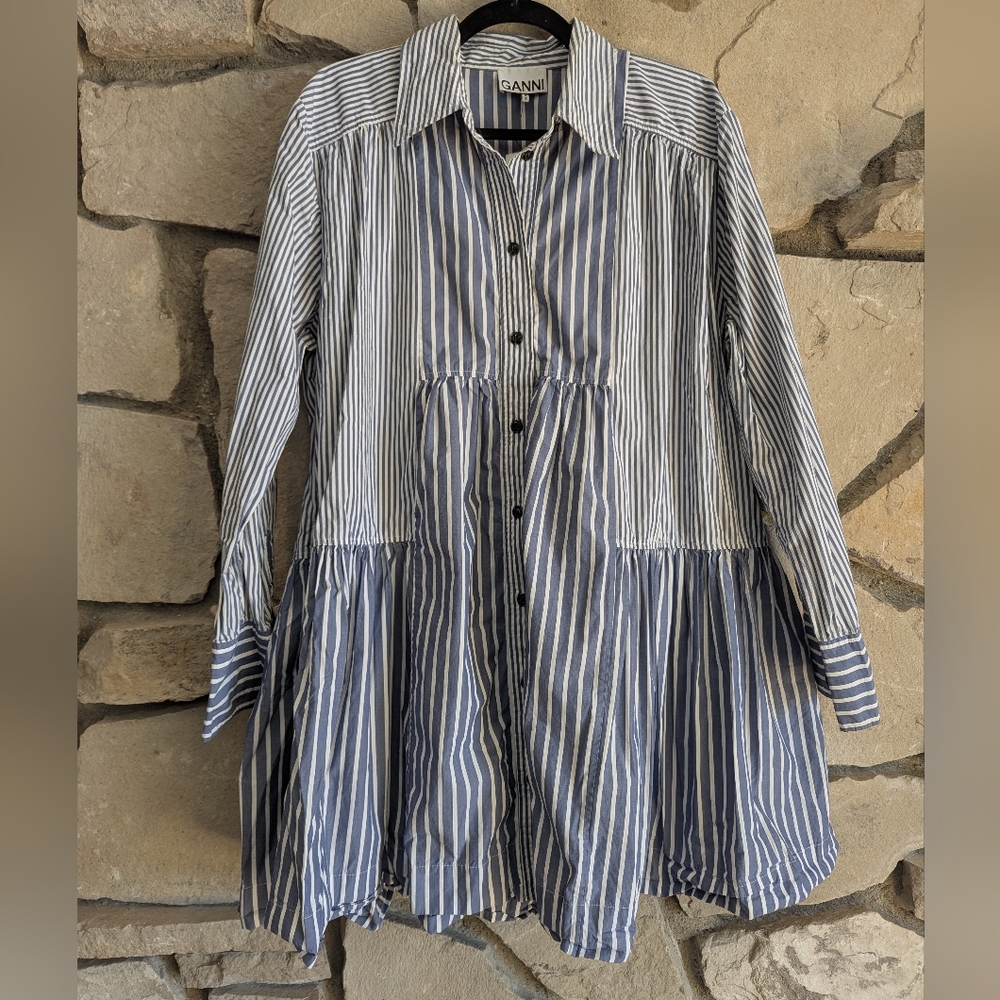 Ganni Poplin Striped Shirtdress In Blue & White